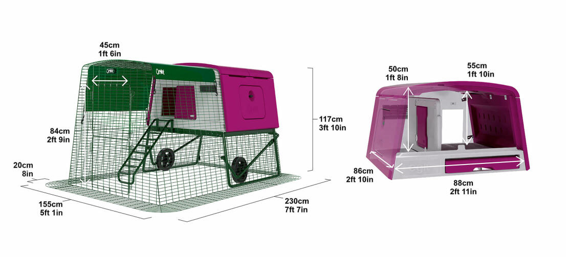 Un'immagine che mostra le dimensioni del pollaio Eglu Cube . Un'immagine che mostra le dimensioni del pollaio Eglu Cube .