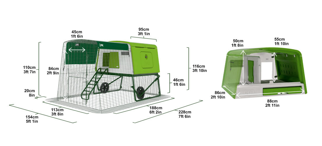 Verde Eglu Cube pollaio con dimensioni su sfondo bianco.