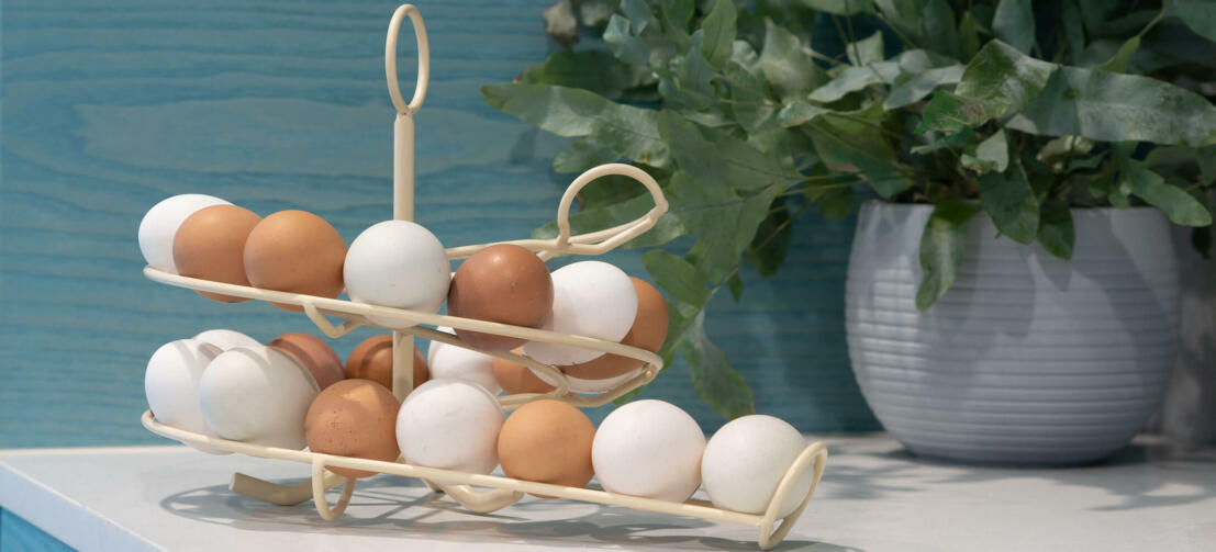 Uno scivolo porta uova della Omlet pieno di uova fresche in una cucina