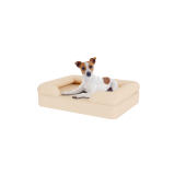 Cane seduto su piccolo letto per cani in memory foam beige naturale