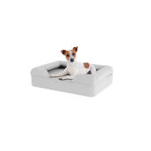 Cane seduto su piccola pietra grigio memoria schiuma bolster letto per cani