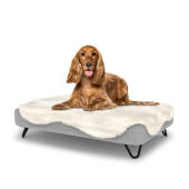 Cane seduto su medio Topology letto per cani in memory foam con topper in pelle di pecora facile da pulire e piedi neri a forcina