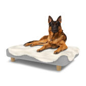 Cane seduto su un grande Topology letto per cani con topper in pelle di pecora e piedi rotondi in legno