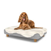 Cane seduto su un letto medio per cani Topology con topper in pelle di pecora e piedi rotondi in legno