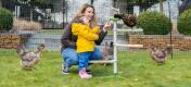 Mamma e figlia che giocano con i polli appollaiati nel posatoio universale free standing