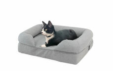Gatto sdraiato su letto bolster grigio per gatti