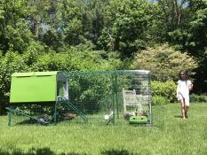 Una giovane ragazza in un giardino con un verde Cube pollaio e una corsa allegato