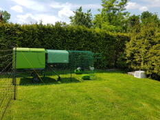 Un grande pollaio verde con una pista e una copertura sopra