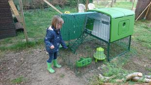 Ragazza con Omlet verde Eglu Cube grande pollaio e correre in giardino