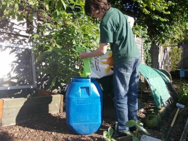 Tam sta caricando il cestino con mangime biologico delizioso