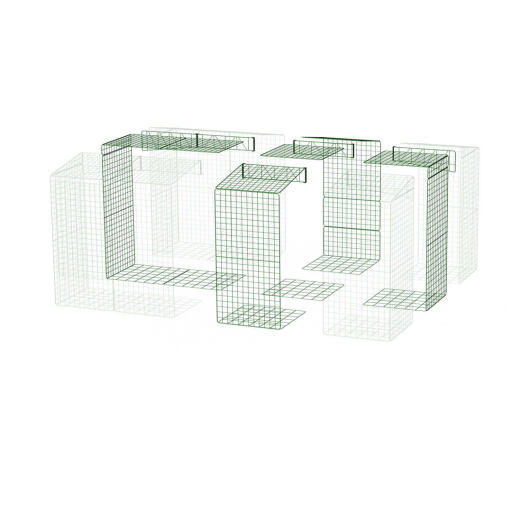 Un diagramma di una pista walk-in con rete sottopavimento che passa da un 3x2x2 a un 4x3x2