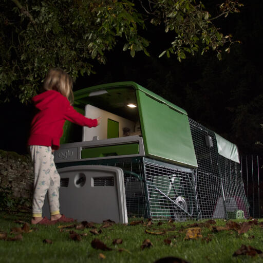 Ragazza con Omlet verde Eglu Cube grande pollaio e correre