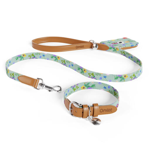 Guinzaglio, collare e porta sacchetti per cani con stampa floreale verde e salvia multicolore di Omlet.