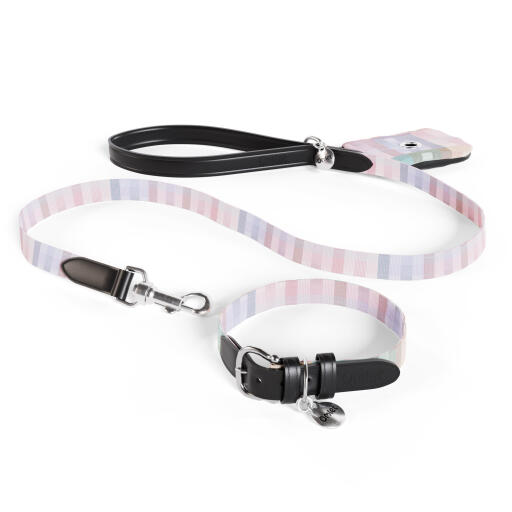 Guinzaglio, collare e porta sacchetti per cani con stampa caleidoscopica a prismi multicolore di Omlet.