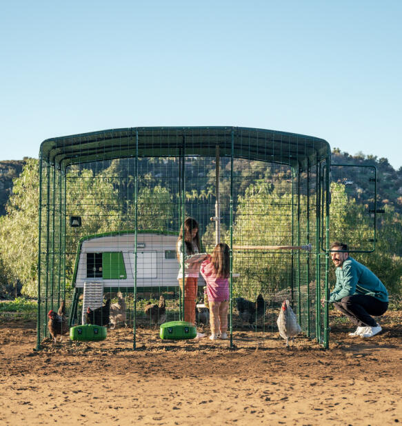 Famiglia con il suo pollaio Eglu pro e il suo recinto con accesso diretto con un sistema intelligente. Autodoor