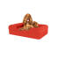 Cane seduto su ciliegio rosso medio memory foam bolster letto per cani Cane seduto su ciliegio rosso medio memory foam bolster letto per cani