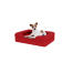Cane seduto su piccolo merlot rosso memoria schiuma bolster letto per cani Cane seduto su piccolo merlot rosso memoria schiuma bolster letto per cani