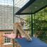Gatto in piedi su mensola blu per gatti all'aperto in catio corsa all'aperto con fori di drenaggio visibili Gatto in piedi su mensola blu per gatti all'aperto in catio corsa all'aperto con fori di drenaggio visibili