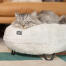 Gatto che dorme su un'elegante e morbida cuccia maya donut bianco neve con piedini a forcella neri in metallo