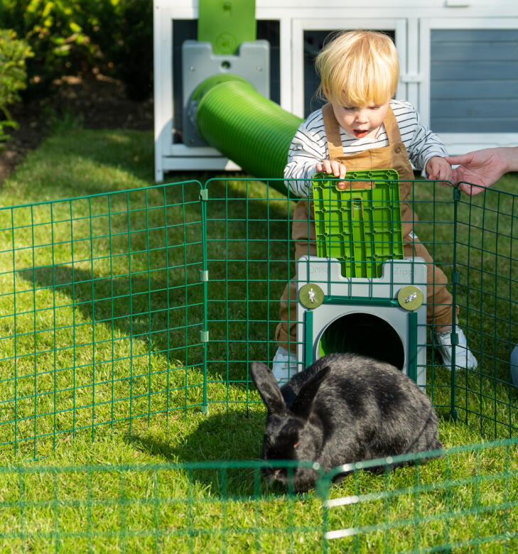 Bambina che interagisce con il suo coniglio in un sistema di tunnel Zippi 