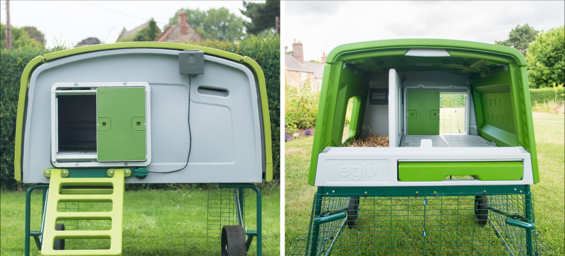 Un Autodoor montato su un verde Eglu Cube pollaio