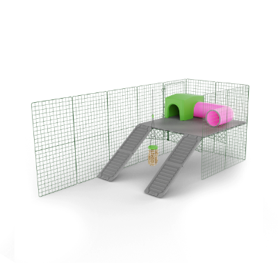 Piattaforme Zippi per conigli - 4 pannelli con Rifugio verde, Tunnel gioco e dispenser Caddi