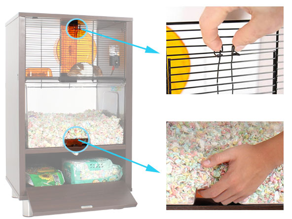 The locks on the bedding tray and top tier cage.